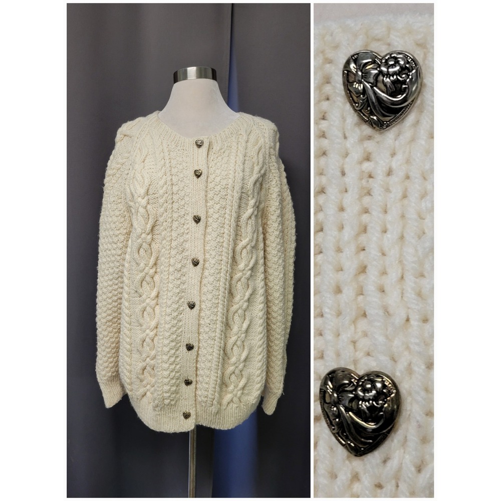 Vintage Cable Knit Cardigan Cream Heart Buttons Chunky Fisherman Sweater XL